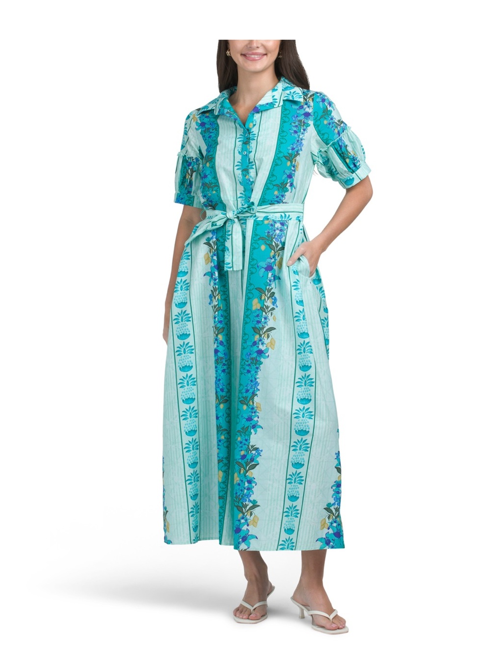 CELINA MOON Aqua Floral Stripe Shirt Dress with Tie Belt